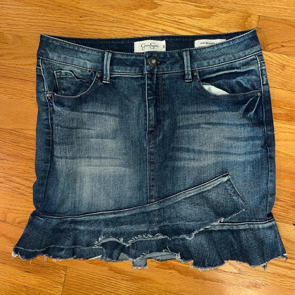 Jessica Simpson size 28” midi ruffle jean skirt